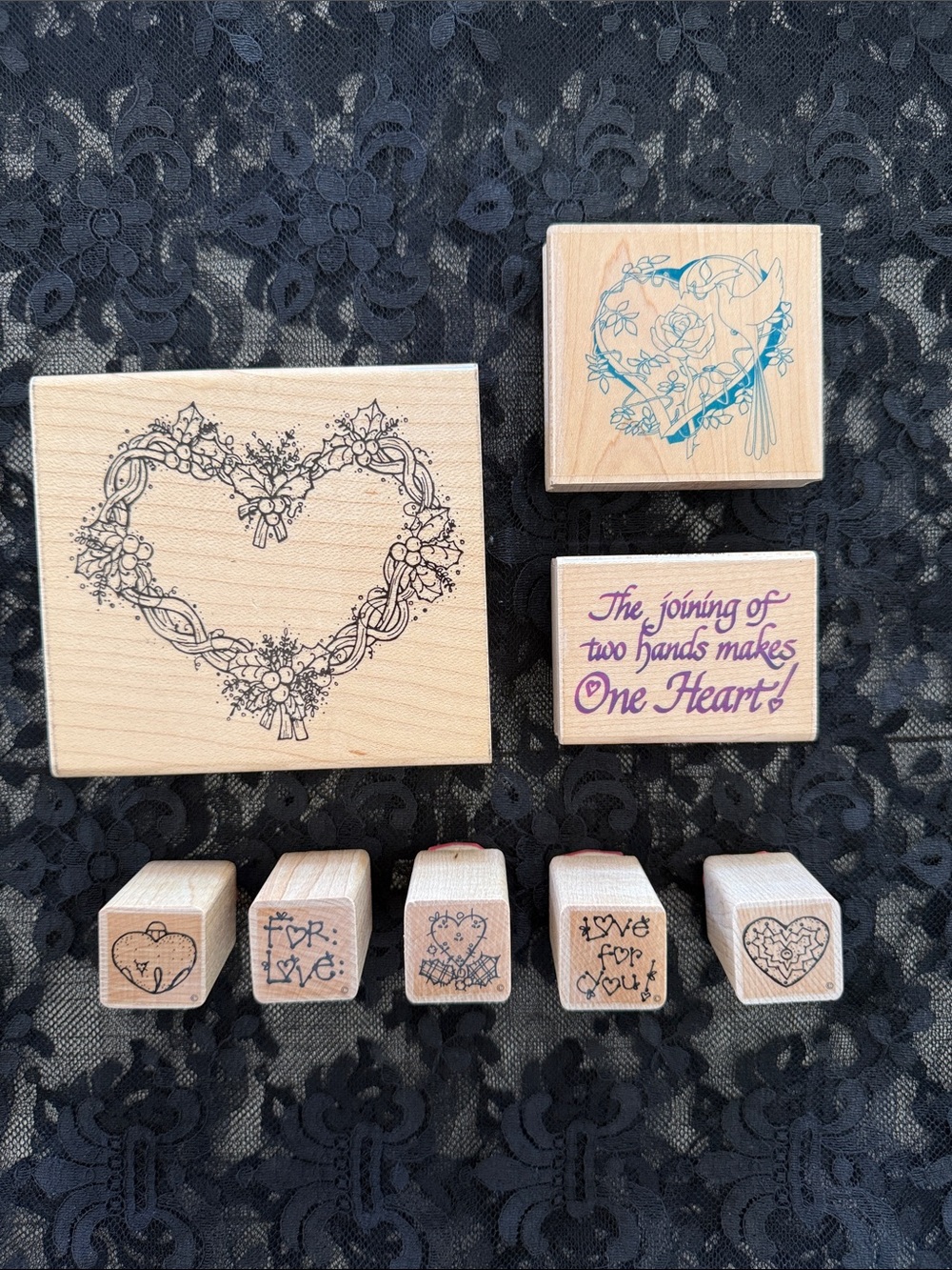 Wooden Heart Cottagecore Stamp Set - Pink and Blue Ink Designs